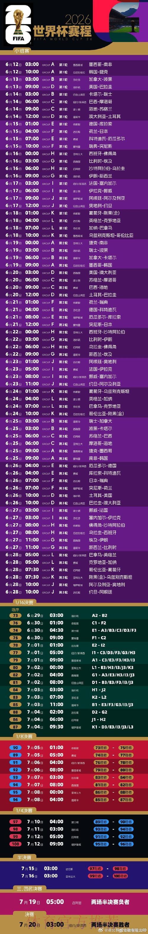 2026年FIFA世界杯全程赛事时间表